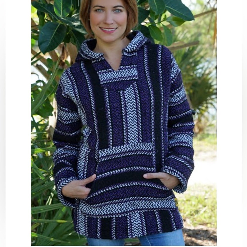 IGUANA JACK MEXICAN HOODIE PULLOVER BAHA BOHO GRAY MINT SIZE MED UNISEX